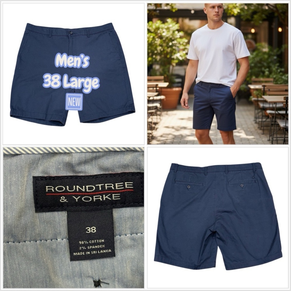 Men's Roundtree & Yorke 38 Golf Chino Khakis Shorts Navy Flat Front Lightweight